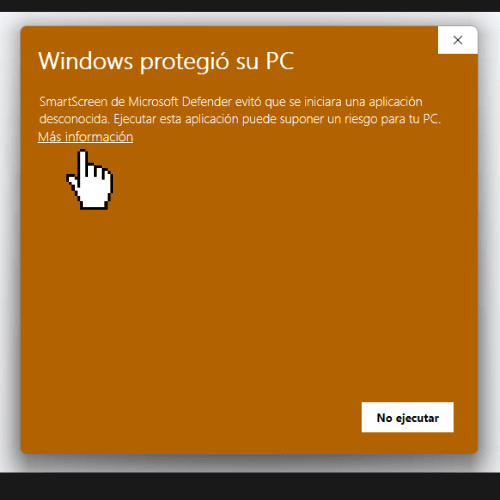 El aviso azul de Windows con el enlace Más información señalado