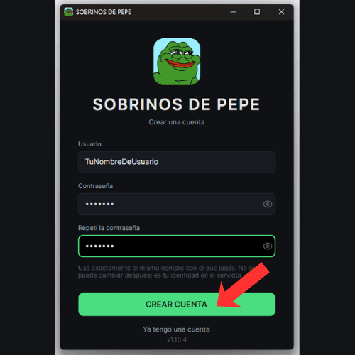 El formulario para crear la cuenta en el launcher